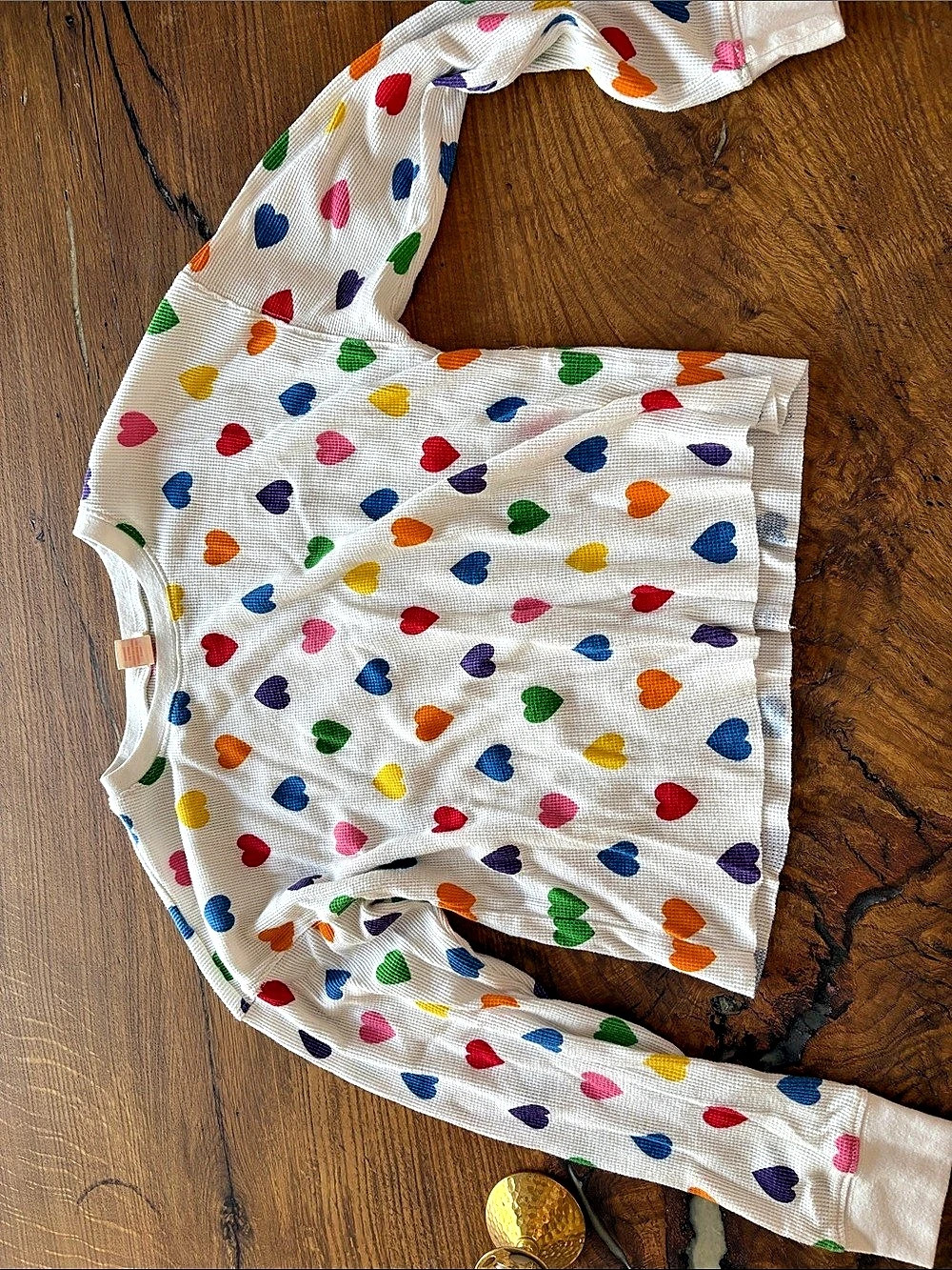 Forever 21 Heart Print Long Sleeve Top in White & Multicolor Size Small